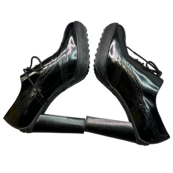 TOD'S Women's Black Leather Derby Style Pump Heels Size 38.5 Lace Up - Picture 6 of 10